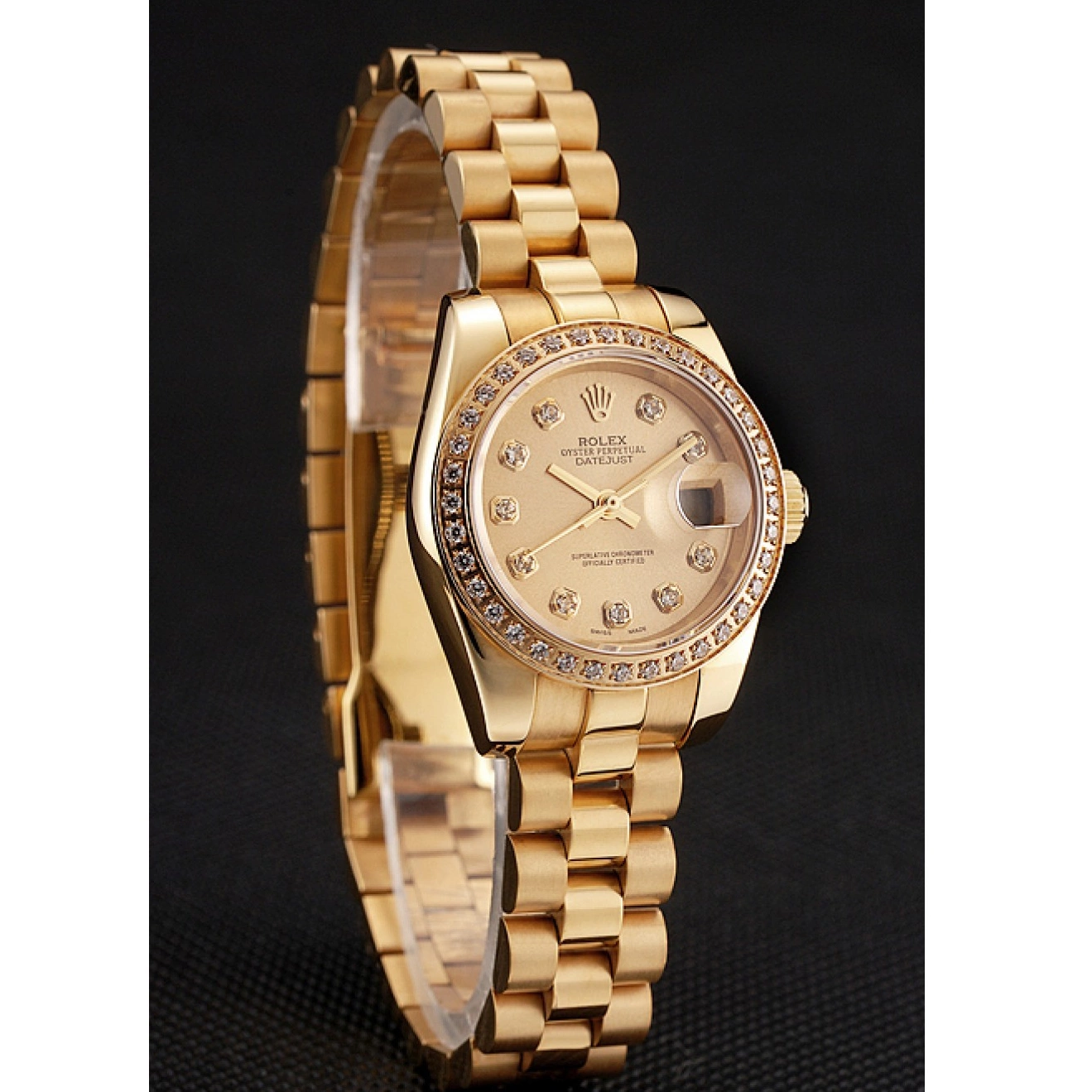 Aaa fake watches Gold Bezel Swiss Rolex Bracelet 1454095 Diamond Dial Lady-Datejust Champagne 0801
